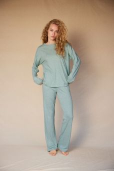 Lilian Cotton Modal Pajama Set, Green Melange- M