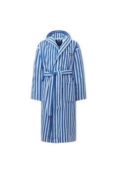 Striped Cotton-Mix Hoodie Robe, Blue/White- L